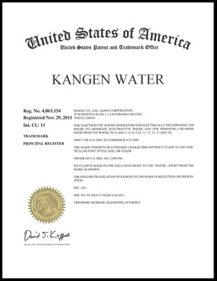 Registration certificate of Kangen Water